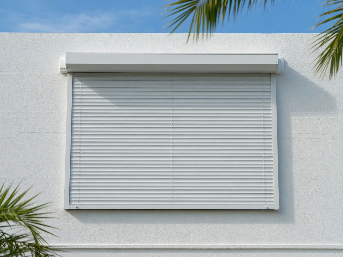 Premium motorized roll-down hurricane shutter installed on the exact same window