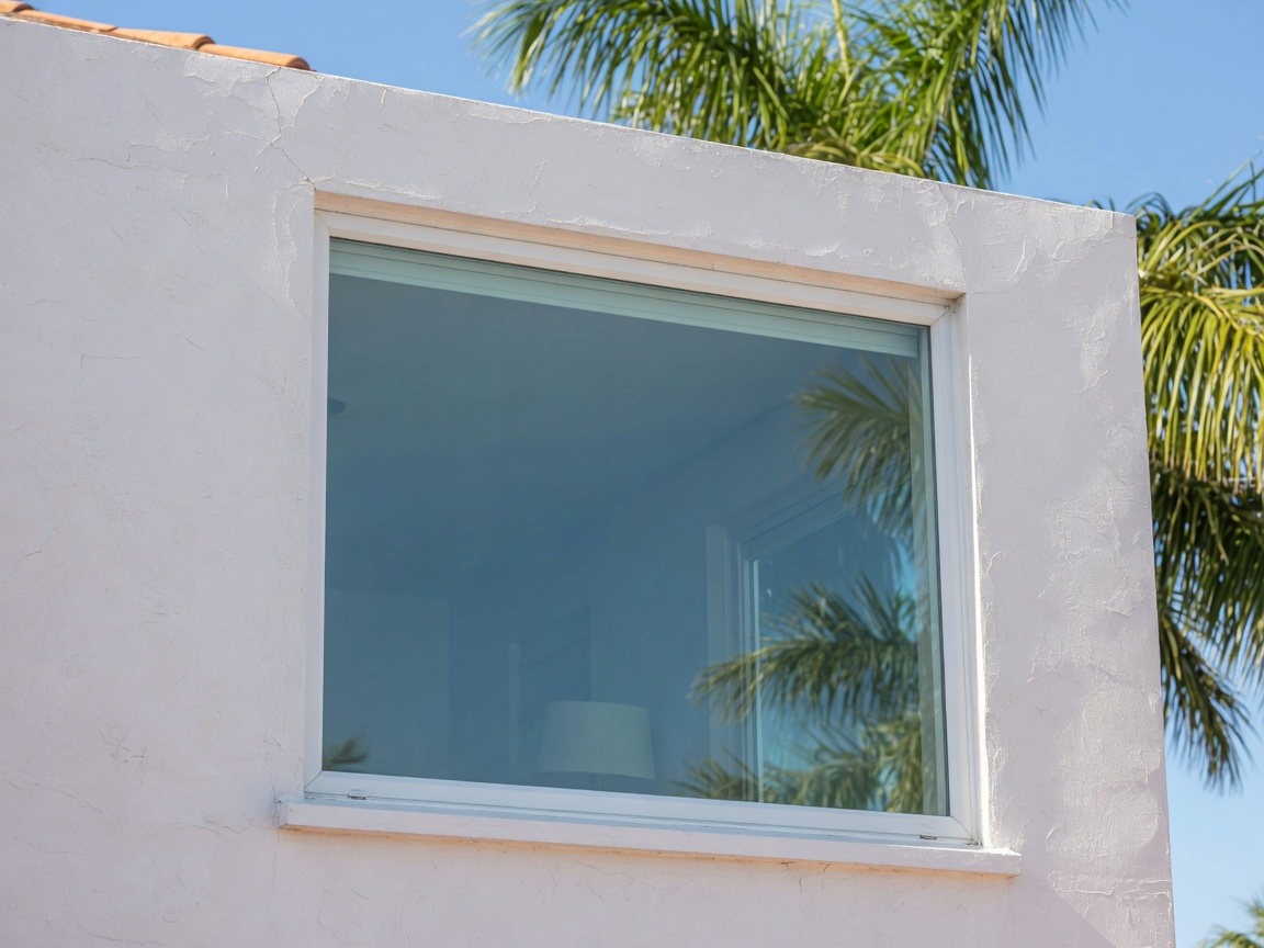 Modern impact-resistant hurricane glass window before motorized roll-down shutter