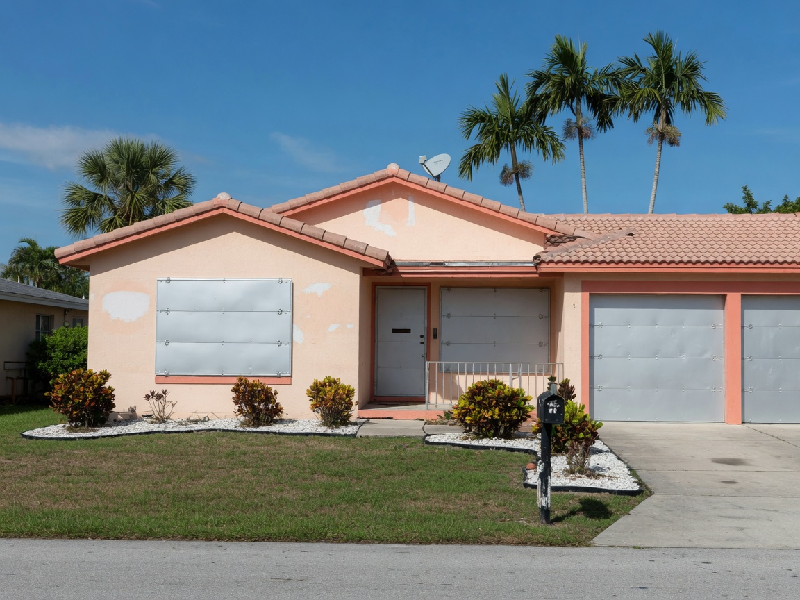 Aluminum storm panels installed over windows on a Florida home for hurricane protection